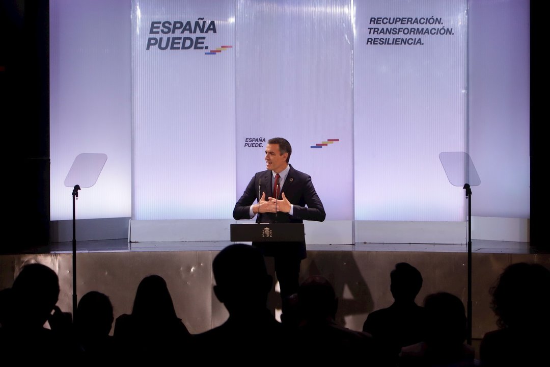 El presidente del Gobierno, Pedro Sánchez, ofrece una conferencia bajo el título 'España puede. Recuperación, Transformación, Resiliencia' ,en la Casa de América, en Madrid (España) a 31 de agosto de 2020.