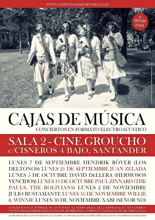 Cartel del ciclo Cajas de M&uacute;sica 2020, en el que actuar&aacute;n Hendrik Rover (Santander), Juan Zelada (Madrid), David DeLlera (Santander), Paul Zinnard (Palma de Mallorca), Julio Bustamante (Valencia), Willie Winnie (Ferrol) y Xabi (Se&ntilde;or No, San Sebasti&aacute;n).