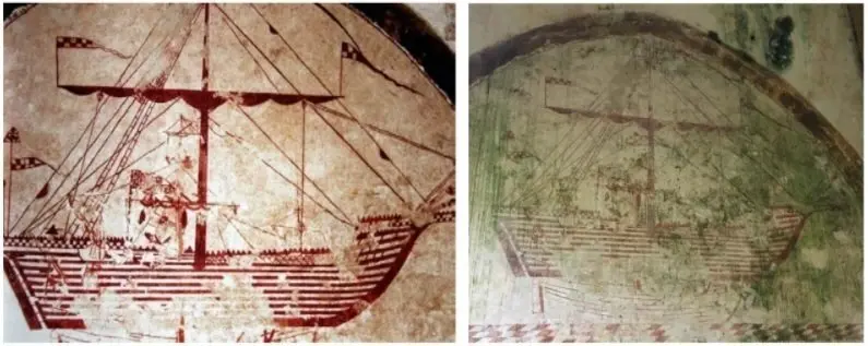 Uno de los barcos de las excepcionales pinturas murales del lazareto de Aba&ntilde;o, en 2015 y en la actualidad