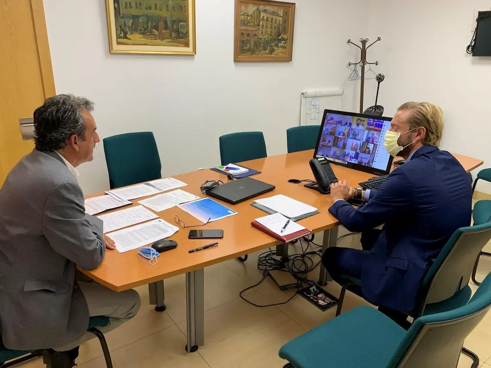 El consejro de Transporte, Francisco Martin, y el director general de Transporte, Felipe Pi&ntilde;a, en la videoconferencia con &Aacute;balos