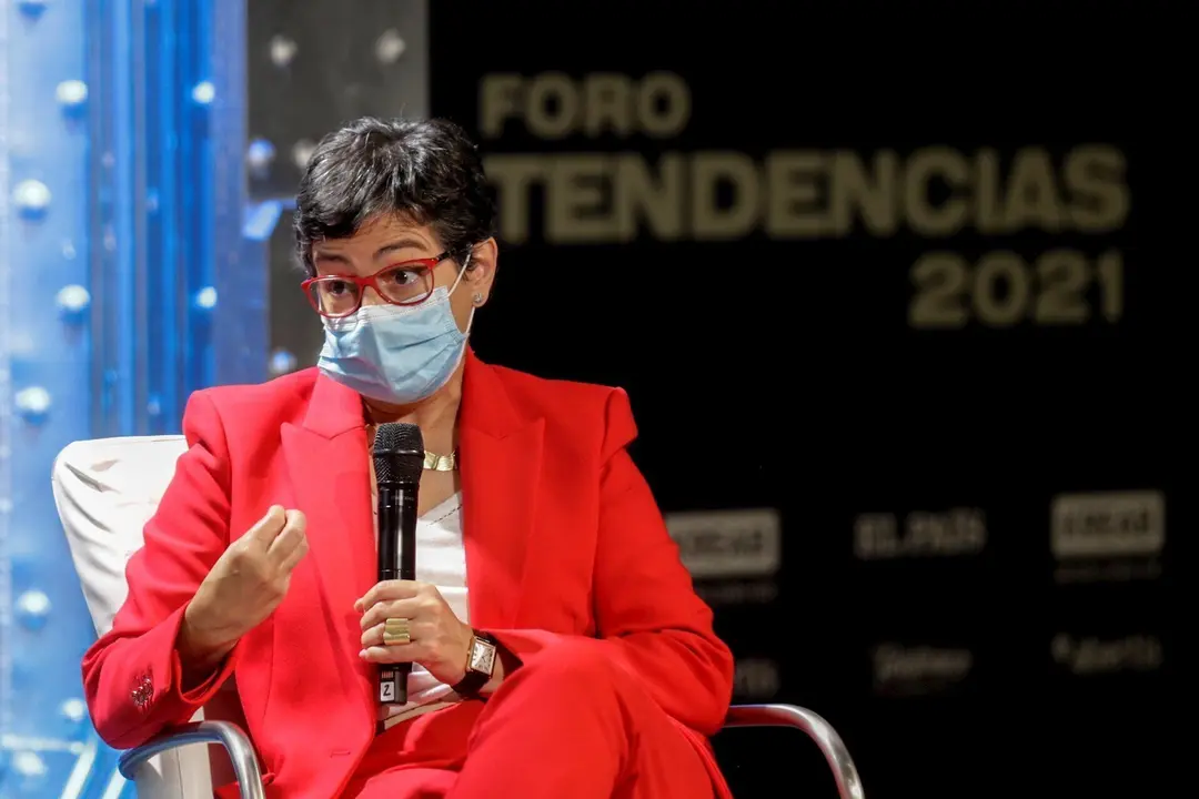La ministra de Asuntos Exteriores, Uni&oacute;n Europea y Cooperaci&oacute;n, Arancha Gonz&aacute;lez Laya, interviene en el Foro Tendencias 2021 organizado por el diario &ldquo;El Pa&iacute;s&rdquo; y la consultora de comunicaci&oacute;n &ldquo;kreab&rdquo;, en el Espacio Fundaci&oacute;n Telef&oacute;nica, Madrid (Espa&ntilde;a), a