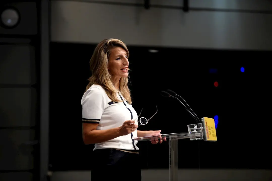 La ministra de Trabajo y Econom&iacute;a Social, Yolanda D&iacute;az, ofrece una rueda de prensa posterior a su reuni&oacute;n con las entidades m&aacute;s representativas del Trabajo Aut&oacute;nomo, de la Econom&iacute;a Social y de la Responsabilidad social de las Empresas.