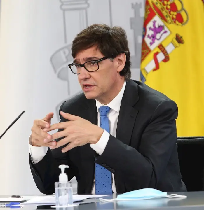 El ministro de Sanidad, Salvador Illa, interviene durante la rueda de prensa posterior a la reuni&oacute;n interministerial conjunta de Educaci&oacute;n y Sanidad donde han analizado el inicio del curso escolar. En Madrid, (Espa&ntilde;a), a 24 de septiembre de 2020.
