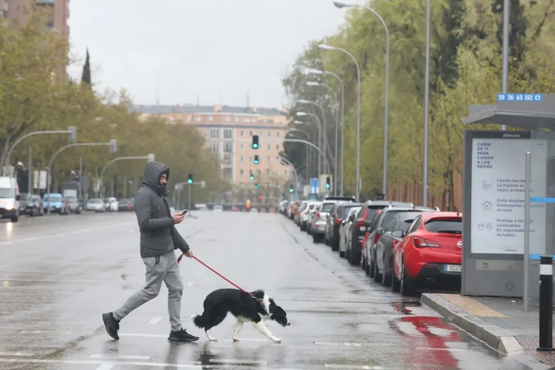 Un joven pasea un perro por el centro de la capital donde las temperaturas han bajado estrepitosamente durante el segundo d&iacute;a de la entrada en vigor de la limitaci&oacute;n total de movimientos salvo de los trabajadores de actividades esenciales, medida adoptada