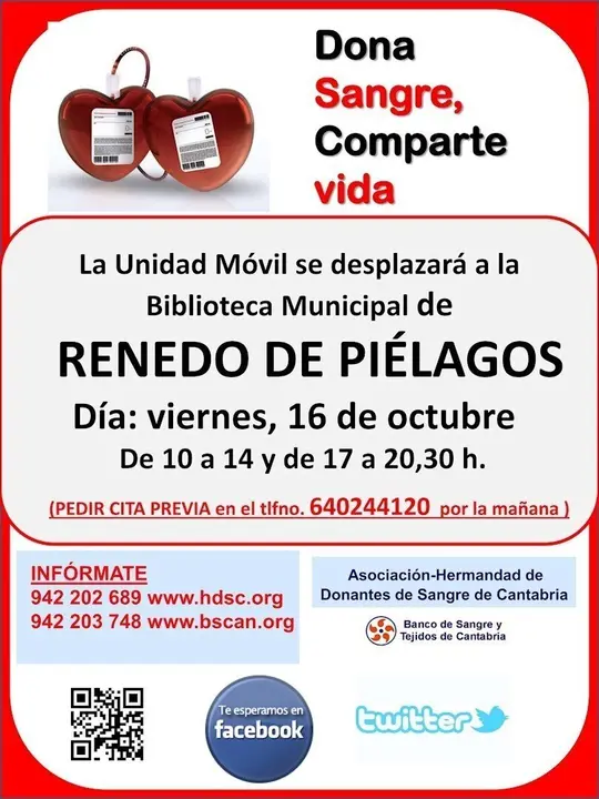 Cartel jornada de donaci&oacute;n de sangre en Renedo (Pi&eacute;lagos)