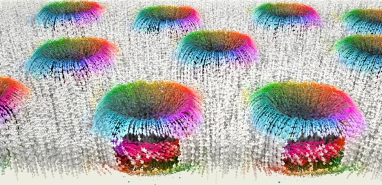 Representaci&oacute;n gr&aacute;fica de la fase skyrmionica descrita en el art&iacute;culo. Cada uno de los v&oacute;rtices en color es un skyrmion