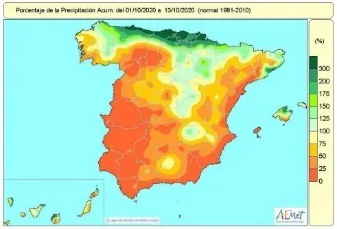 La falta de lluvias acumulada respecto a los valores normales en la primera quincena del a&ntilde;o hidrol&oacute;gico (2020-2021) es del 27 por ciento.
