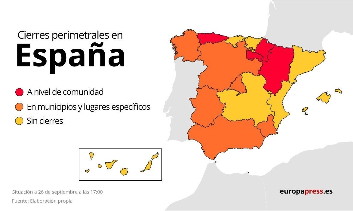 Mapa con cierres perimetrales en España para contener el coronavirus a 17:00.