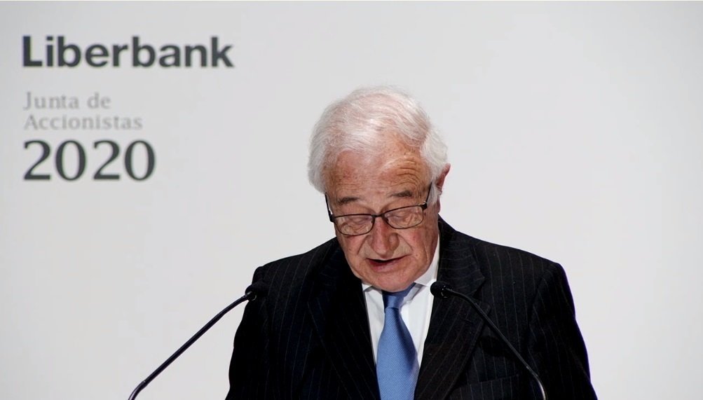 El presidente no ejecutivo de Liberbank, Pedro Manuel Rivero Torre, en la junta de accionistas celebrada el 28 de octubre de 2020.