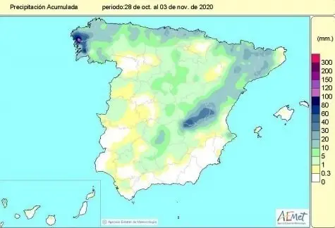 Precipitaciones acumuladas en Espa&ntilde;a desde que comenz&oacute; el a&ntilde;o hidrol&oacute;gico el pasado 1 de octubre de 2020 hasta el 3 de noviembre de 2020
