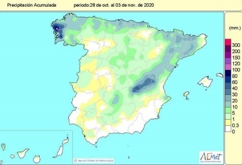Precipitaciones acumuladas en España desde que comenzó el año hidrológico el pasado 1 de octubre de 2020 hasta el 3 de noviembre de 2020