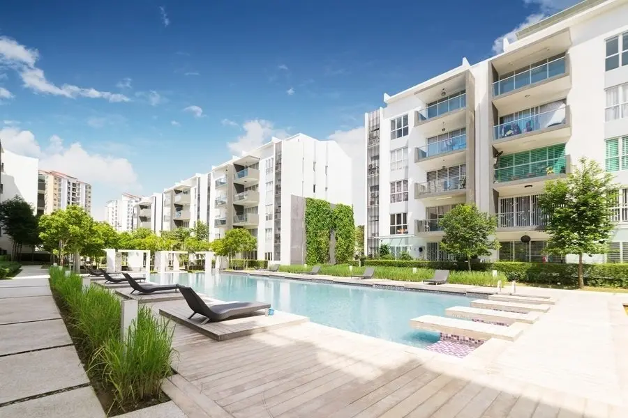 Modern residential buildings with outdoor facilities, Facade of new low-energy houses .