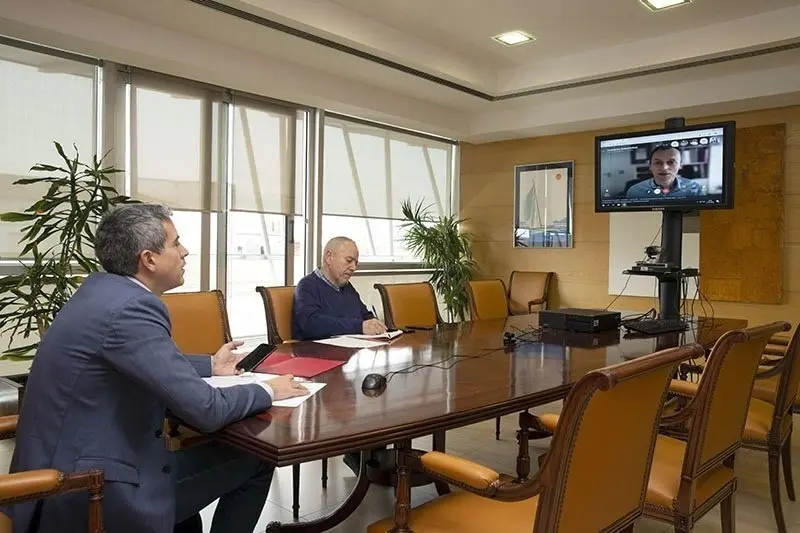 El vicepresidente de Cantabria, Pablo Zuloaga, y el director general de Universidades, Investigaci&oacute;n y Transferencia del Gobierno regional, Antonio Dom&iacute;nguez, en una reuni&oacute;n telem&aacute;tica con el ministro de Ciencia e Innovaci&oacute;n, Pedro Duque