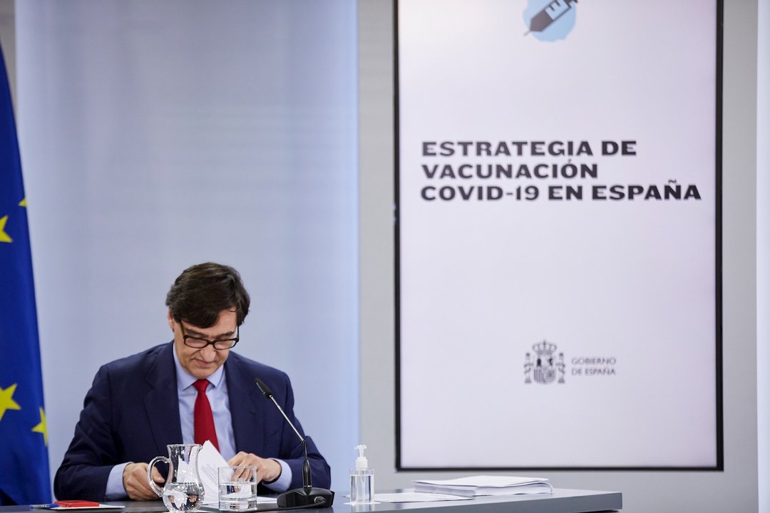 El ministro de Sanidad, Salvador Illa, en una rueda de prensa posterior al Consejo de Ministros celebrado en Moncloa, Madrid (España), a 24 de noviembre de 2020. 