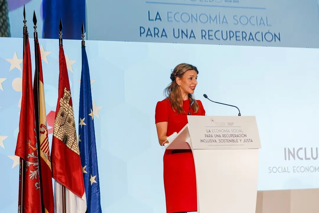 La ministra de Trabajo y Econom&iacute;a Social, Yolanda D&iacute;az, preside la reuni&oacute;n europea de Alto Nivel de la Econom&iacute;a Social y Solidaria: 'La Econom&iacute;a Social para una Recuperaci&oacute;n Inclusiva, Sostenible y Justa', en el Palacio de Congresos de Toledo, Castilla La