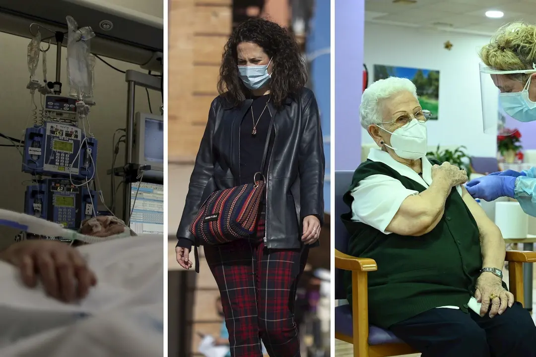 Collage con tres fotos representativas del 2020, a&ntilde;o de la pandemia de coronavirus: desde los peores momentos en las UCI, hasta la 'nueva normalidad' y la vacunaci&oacute;n.