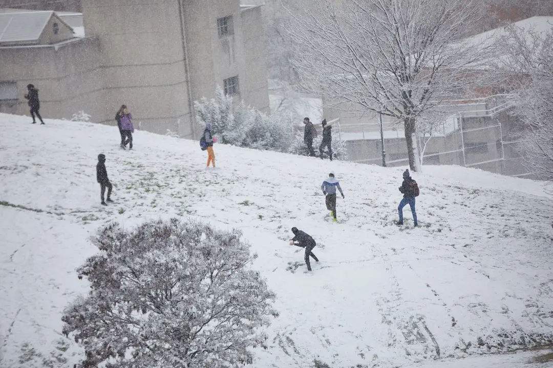 Varias personas juegan con la nieve en el Parque del Cerro del T&iacute;o P&iacute;o tras el paso de la borrasca Filomena, en Madrid (Espa&ntilde;a), a 7 de enero de 2021. La Comunidad de Madrid ha activado el nivel 1 del Plan de Inclemencias Invernales a partir de esta media