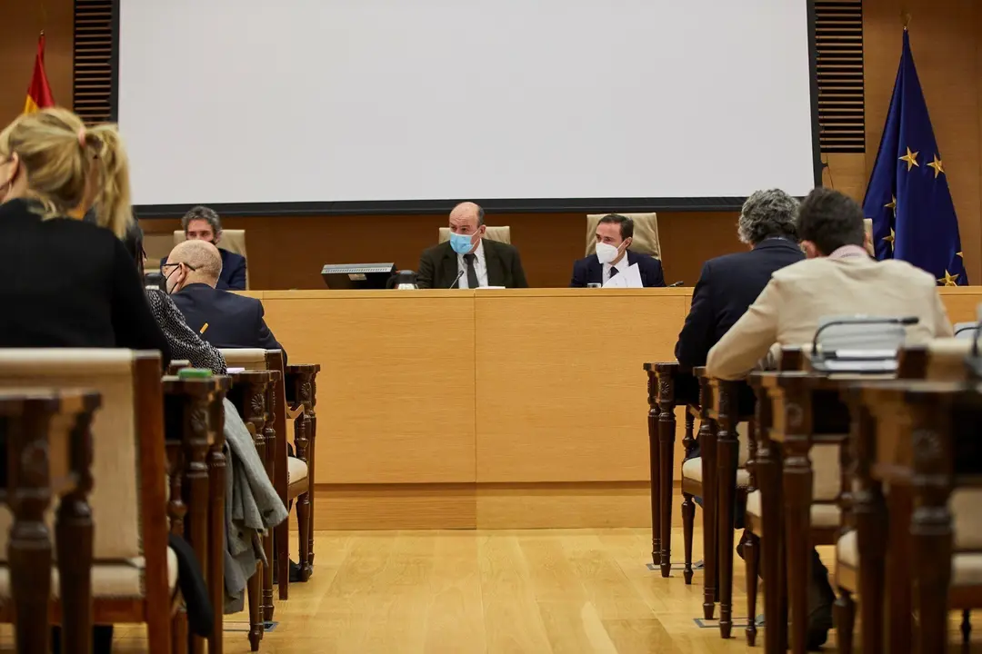 El vicepresidente primero de la Comisi&oacute;n, David Cerqueiro (1i), el presidente, Joseba Andoni Agirretxea (2i) y la vicepresidenta segunda, Mar&iacute;a Jos&eacute; Garc&iacute;a-Pelayo (4I) durante la comisi&oacute;n de Agricultura, Pesca y Alimentaci&oacute;n en el Congreso