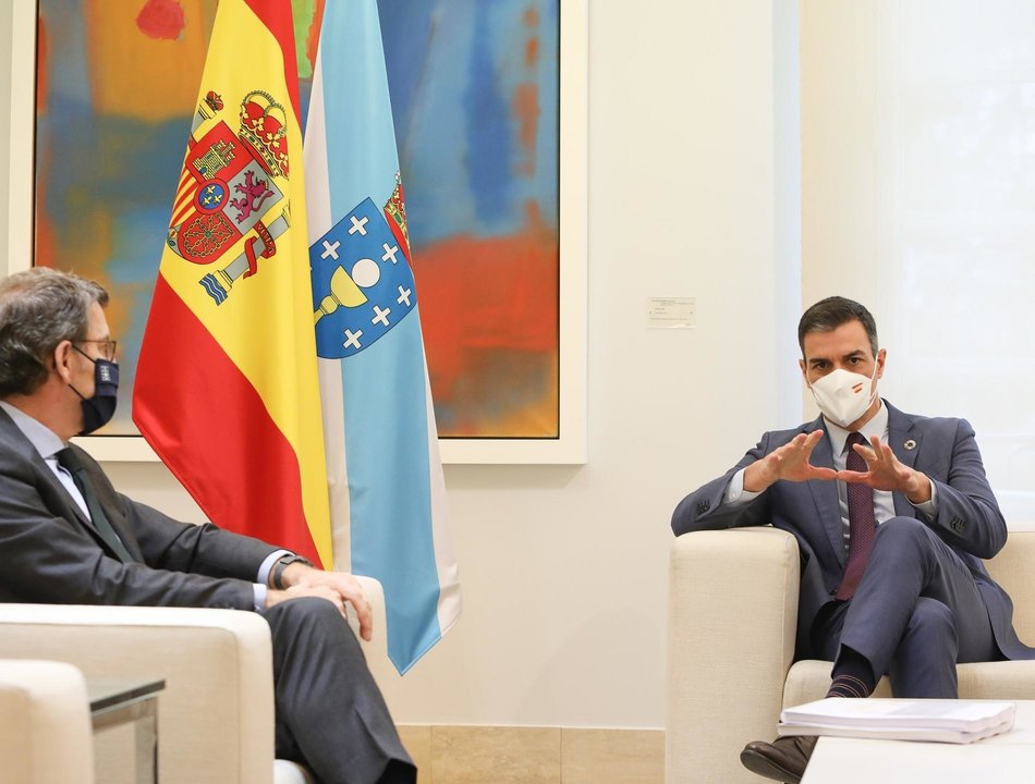 El presidente del Gobierno, Pedro Sánchez (d), conversa con el presidente de la Xunta de Galicia, Alberto Núñez Feijóo, en una reunión convocada en el Palacio de la Moncloa, Madrid, (España), a 29 de enero de 2021. El encuentro se produce dentro de la ron