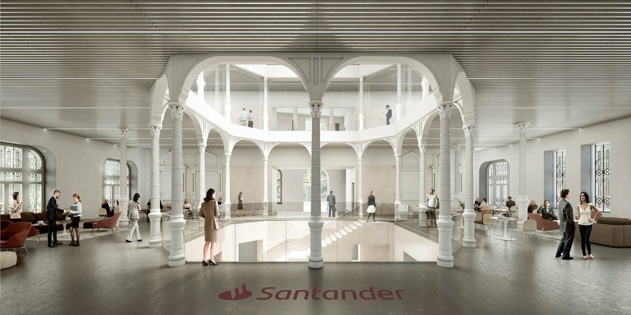 Infografía interior edificio Banco Santander de Hernán Cortés