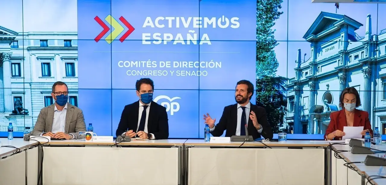 Archivo - El presidente del PP, Pablo Casado, preside la reuni&oacute;n con los comit&eacute;s de direcci&oacute;n del Grupo Popular. Asisten tambi&eacute;n Teodoro Garc&iacute;a Egea, Cuca Gamarra y Javier Maroto. En Madrid, a 14 de septiembre de 2020.