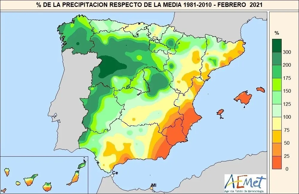 El mes de febrero de 2021 ha sido el octavo m&aacute;s lluvioso del siglo y el tercero m&aacute;s c&aacute;lido desde que hay registros, seg&uacute;n AEMET.