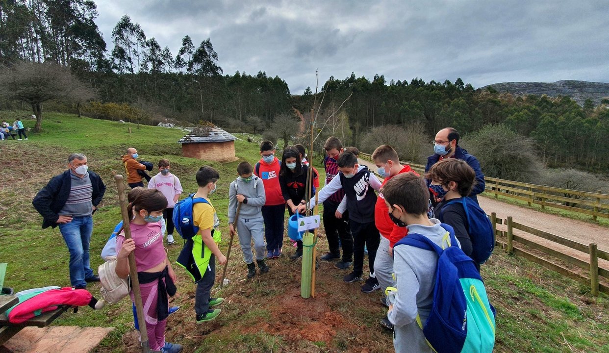 Los alumnos del colegio Dobra plantan árboles en la Fuente de las Palomas