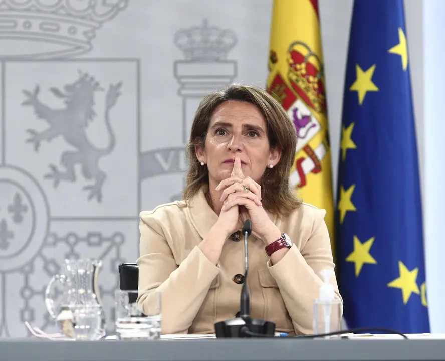 La vicepresidenta cuarta y ministra para la Transici&oacute;n Ecol&oacute;gica y el Reto Demogr&aacute;fico, Teresa Ribera, durante una rueda de prensa posterior al Consejo de Ministros celebrado en Moncloa, a 16 de marzo de 2021. Este encuentro es el primero que se ha celebr