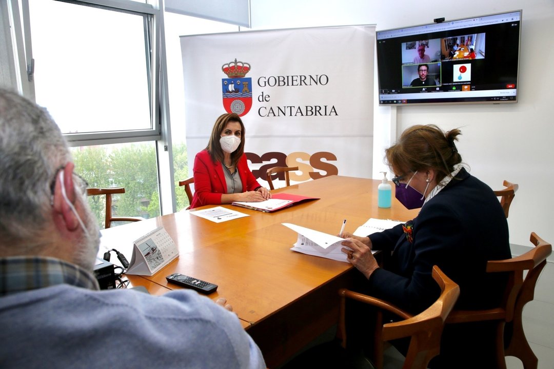 La consejera de Empleo y Políticas Sociales, Ana Belén Álvarez, y otros miembros de su departamento, en una reunión telemática con 72 entidades sociales