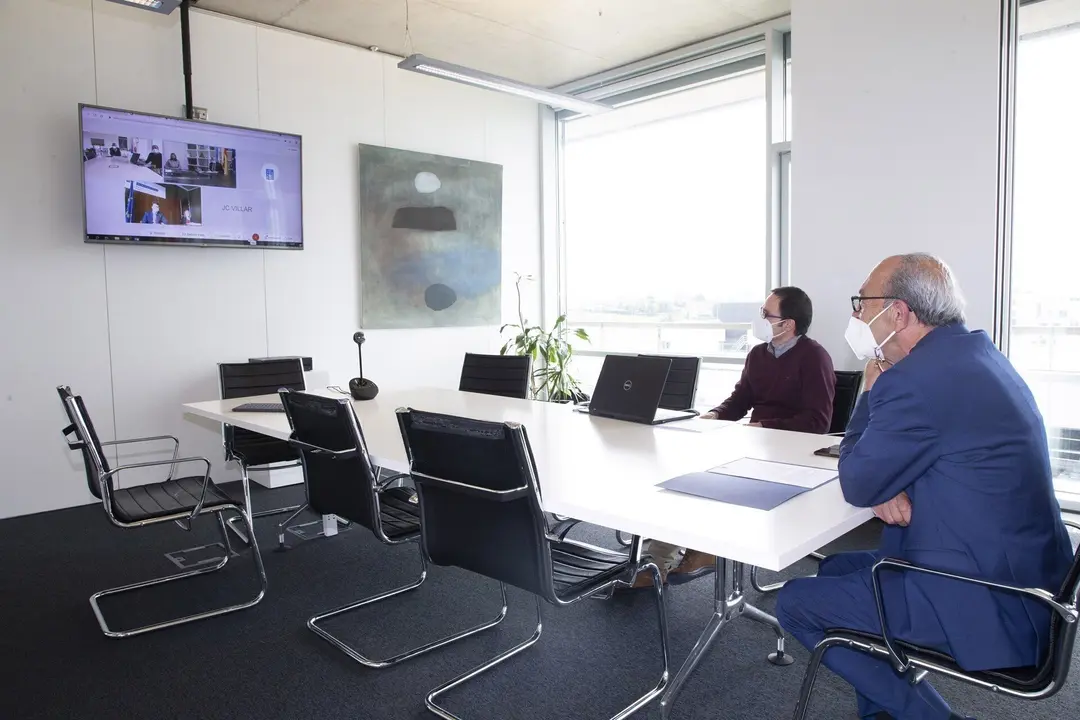 El consejero de Industria, Turismo, Innovaci&oacute;n, Transporte y Comercio de Cantabria, Francisco Javier L&oacute;pez Marcano, en videoconferencia con los consejeros de Industria de Galicia y Asturias.