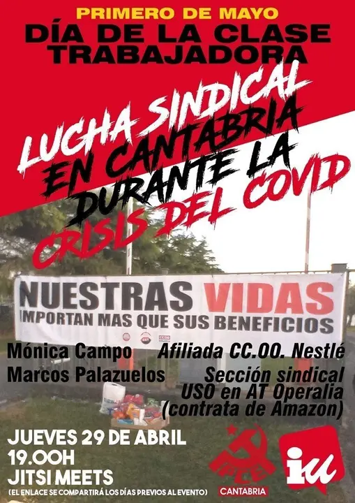 Cartel de la charla telem&aacute;tica organizada por IU y el PCE sobre la lucha sindical en Cantabria durante la crisis del Covid