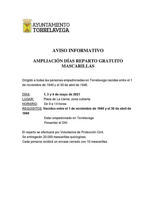 Aviso del reparto de mascarillas en Torrelavega