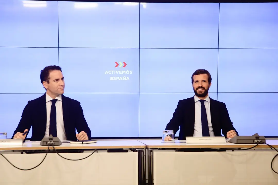 Archivo - El secretario general del PP, Teodoro Garc&iacute;a Egea, y el presidente del Partido Popular, Pablo Casado, durante la reuni&oacute;n de la Junta Directiva Nacional del Partido Popular, a 20 de agosto de 2020.