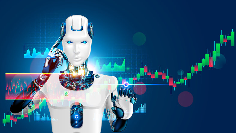 Robot trading on stock market. Artificial intelligence of forex broker with analyzing business charts with investment financial data. Computer software of trade on stock exchange. Cyborg trader. (Robot trading on stock market. Artificial intelligence 