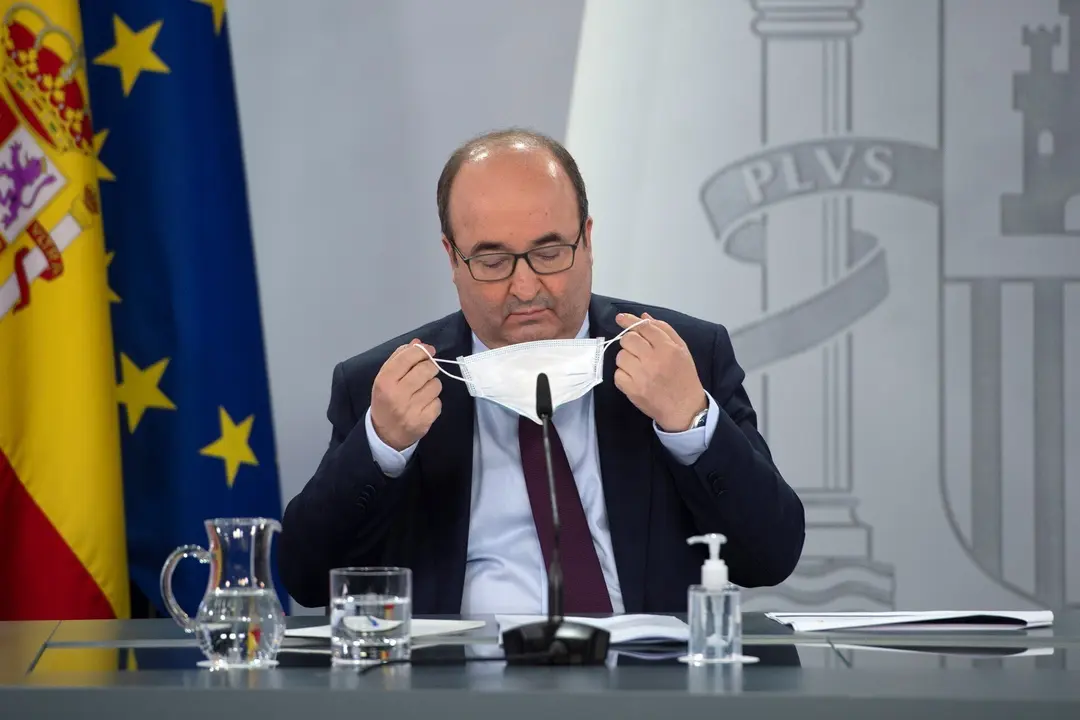 El ministro de Pol&iacute;tica Territorial y Funci&oacute;n P&uacute;blica, Miquel Iceta en una rueda de prensa para presentar el componente 11 del Plan de Recuperaci&oacute;n, Transformaci&oacute;n y Resiliencia enviado a la Comisi&oacute;n Europea, a 17 de mayo de 2021, en Madrid (Espa&ntilde;a).  El 