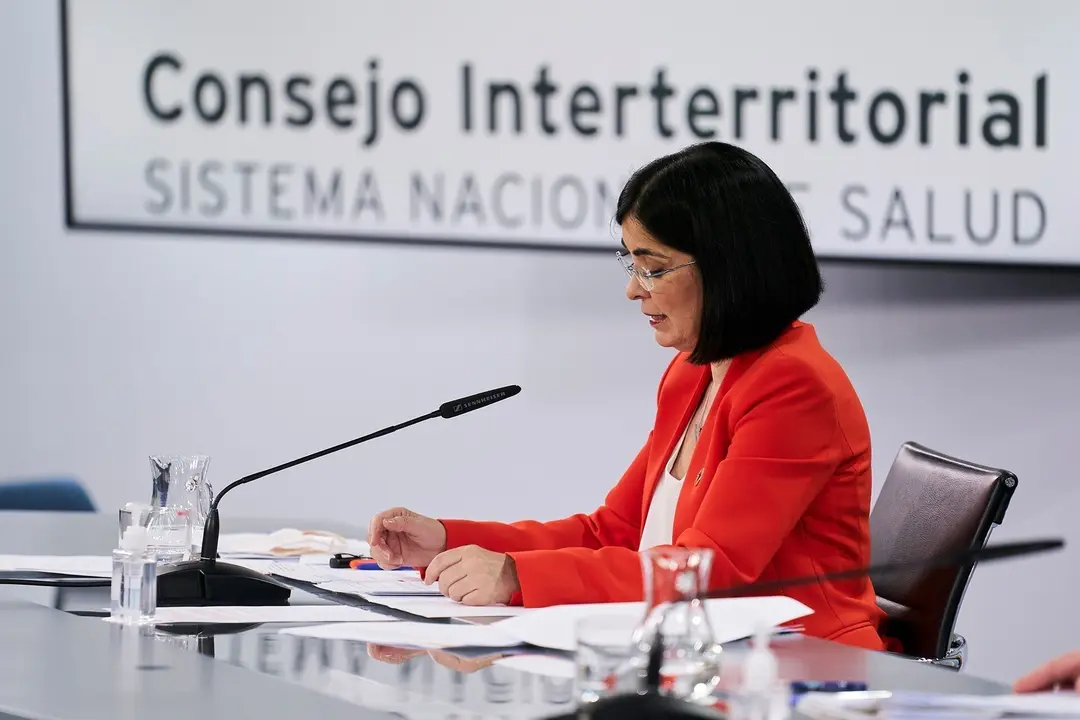 La ministra de Sanidad, Carolina Darias, durante una rueda de prensa tras la reuni&oacute;n del Consejo Interterritorial del Sistema Nacional de Salud, a 19 de mayo de 2021, en Madrid (Espa&ntilde;a). Durante la reuni&oacute;n de este mi&eacute;rcoles del Consejo Interterritorial de