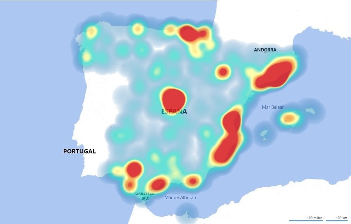 Mapa de la penetración de los dispositivos de Internet de las Cosas en España, según Sigfox.