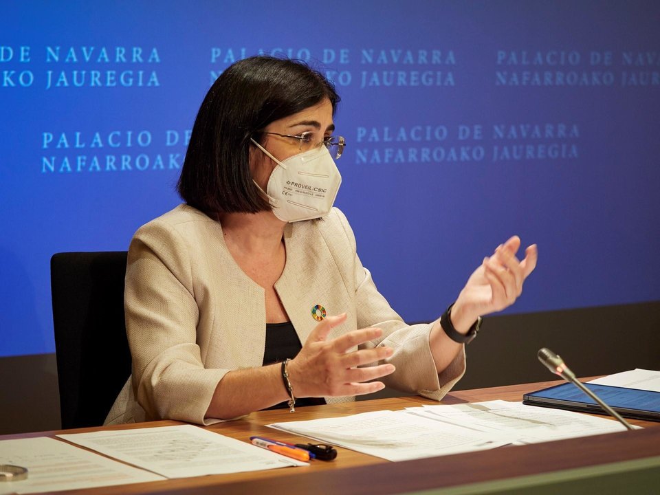 La ministra de Sanidad, Carolina Darias, en una rueda de prensa en el Palacio de Navarra de Pamplona tras presidir el Consejo Interterritorial de Sanidad