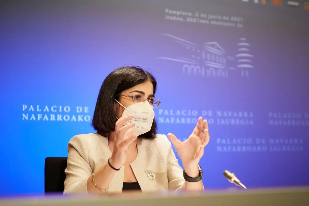La ministra de Sanidad, Carolina Darias, comparece en rueda de prensa, tras presidir desde Pamplona el pleno telem&aacute;tico del Consejo Interterritorial del Sistema Nacional de Salud, en el Palacio de Navarra, a 2 de junio de 2021, en Pamplona, Navarra (Espa&ntilde;