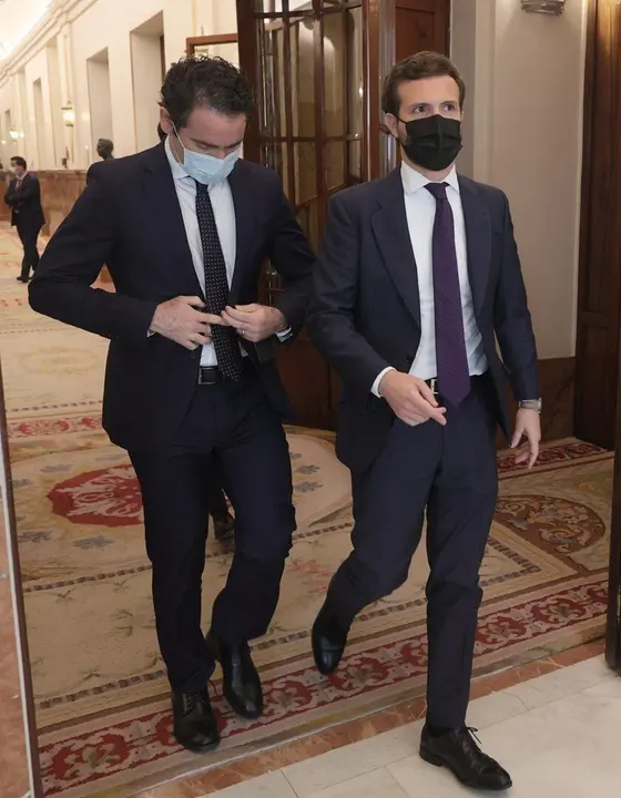El secretario general del PP, Teodoro Garc&iacute;a Egea, y el l&iacute;der del PP, Pablo Casado, en el Congreso de los Diputados.