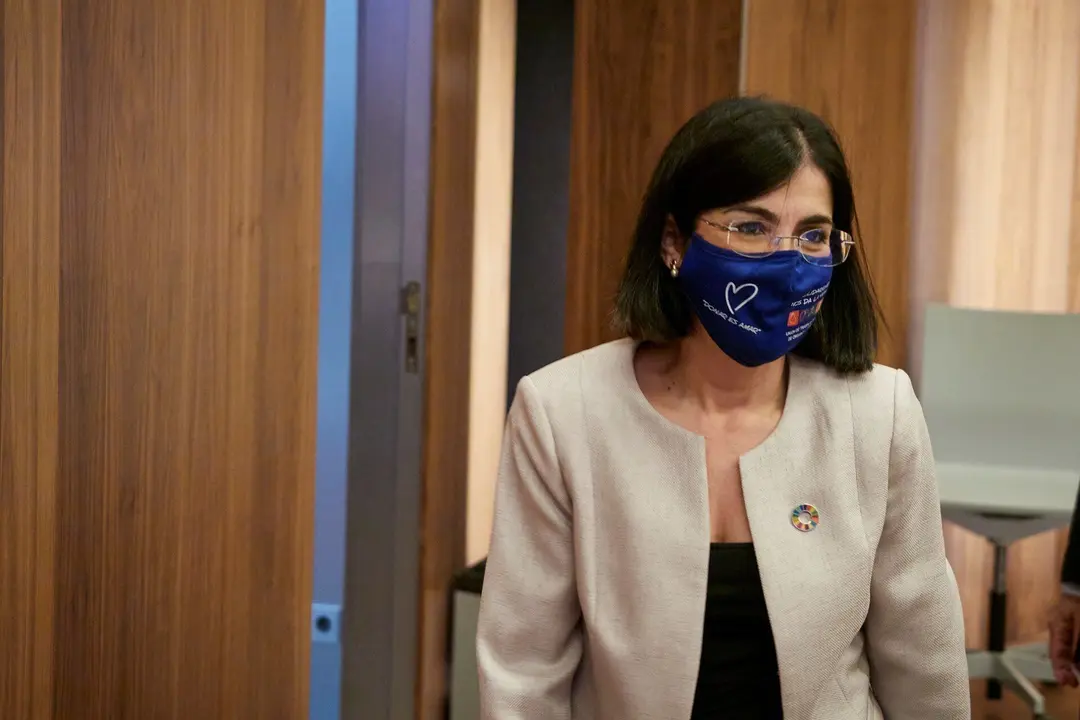 La ministra de Sanidad, Carolina Darias, a su llegada a una rueda de prensa, tras presidir desde Pamplona el pleno telem&aacute;tico del Consejo Interterritorial del Sistema Nacional de Salud, en el Palacio de Navarra, a 2 de junio de 2021, en Pamplona, Navarra 