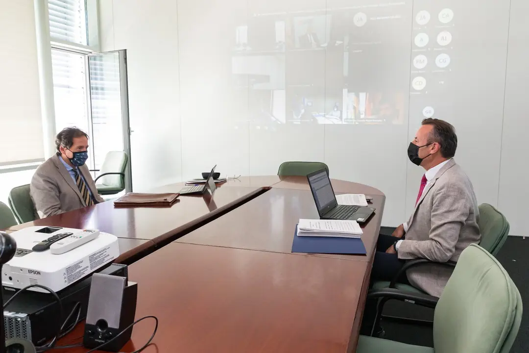 Los consejeros de Desarrollo Rural, Guillermo Blanco, y de Obras P&uacute;blicas, Jos&eacute; Luis Gochicoa, participan por videoconferencia en la Conferencia Sectorial de Medio Ambiente