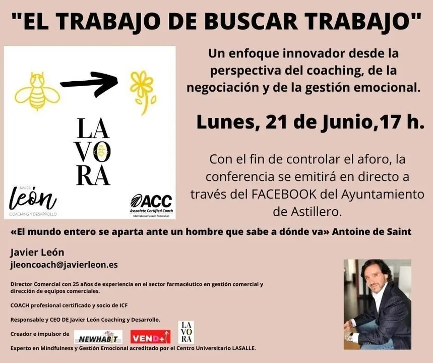 Cartel de la charla que ofrece este lunes, 21 de junio, en Astillero el coach Javier Le&oacute;n sobre b&uacute;squeda de empleo