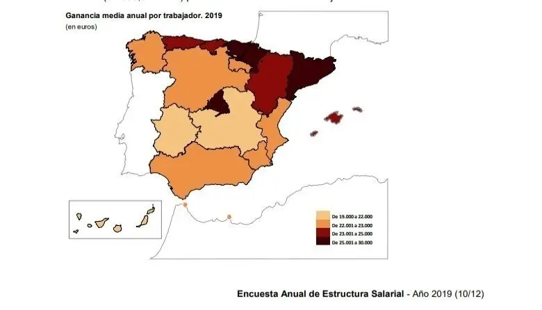 Mapa elaborado por el INE sobre el salario medio por trabajador en 2019