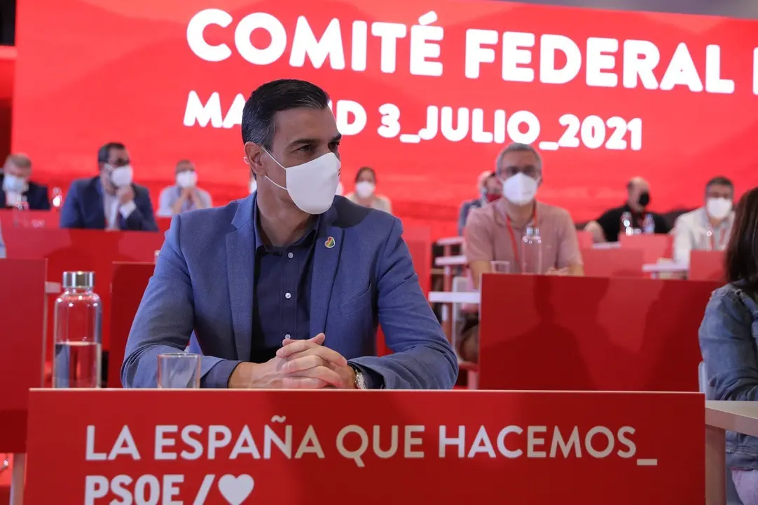 El presidente del Gobierno, Pedro S&aacute;nchez, durante una reuni&oacute;n de los componentes del Comit&eacute; Federal del PSOE, a 3 de julio de 2021, en Madrid, (Espa&ntilde;a).