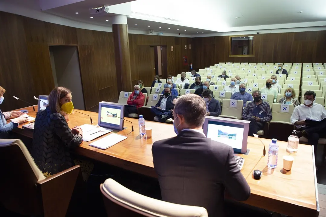 La consejera de Presidencia, Interior, Justicia y Acci&oacute;n Exterior, Paula Fern&aacute;ndez, en una reuni&oacute;n con los alcaldes de los 39 municipios en riesgo de despoblamiento