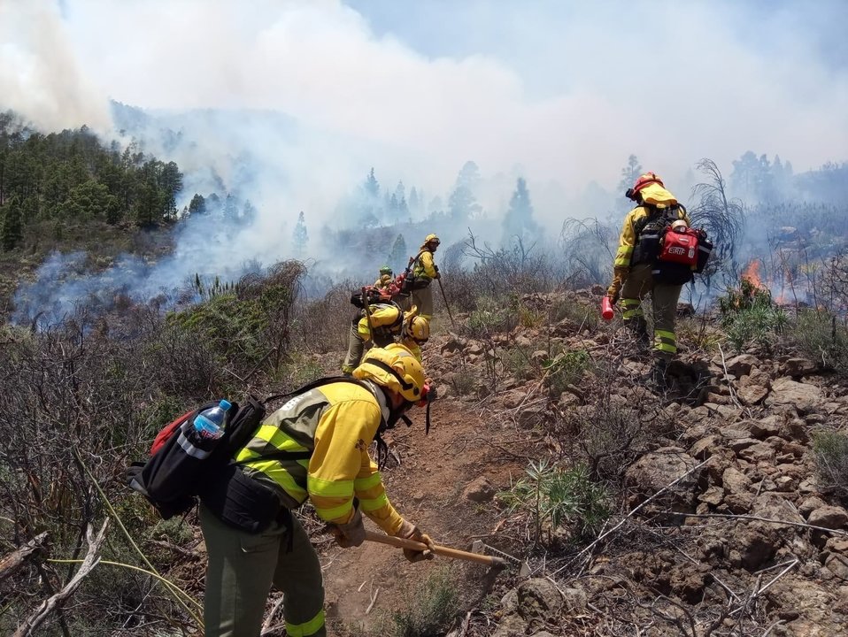 Archivo - Agentes forestales trabajan en el incendio de Arico