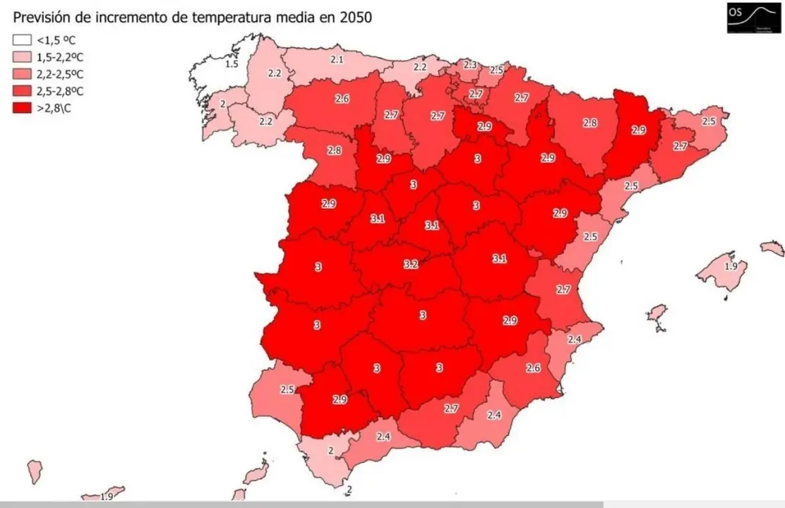 Mapa de Espa&ntilde;a con la previsi&oacute;n de subida de temperaturas en 2050.