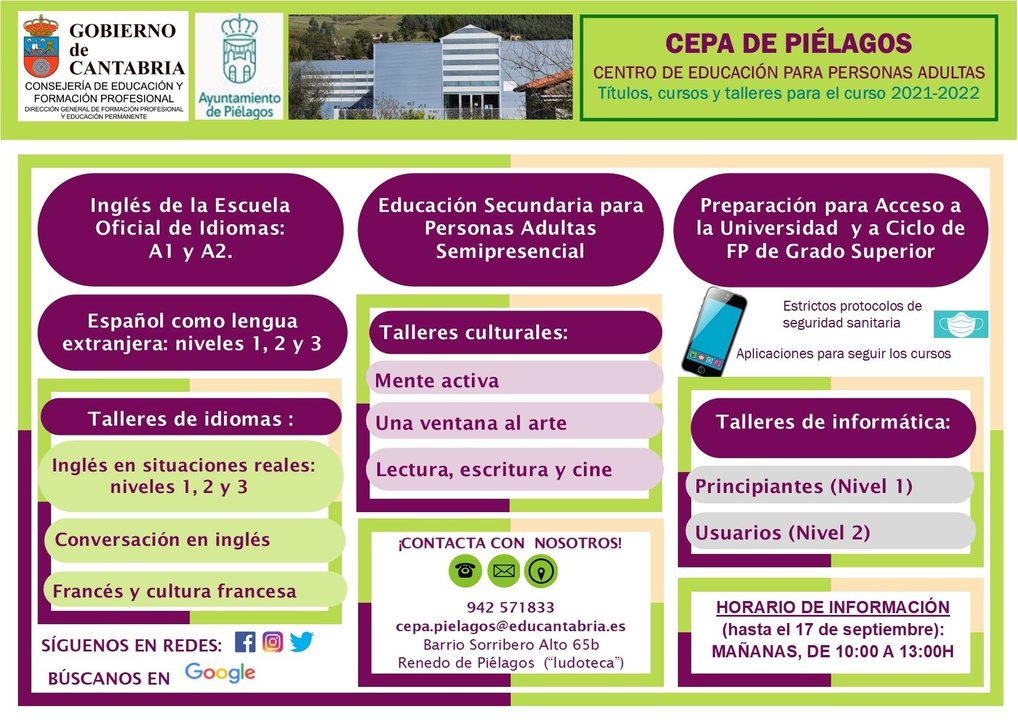 Oferta del CEPA de Piélagos para el curso 2021-2022