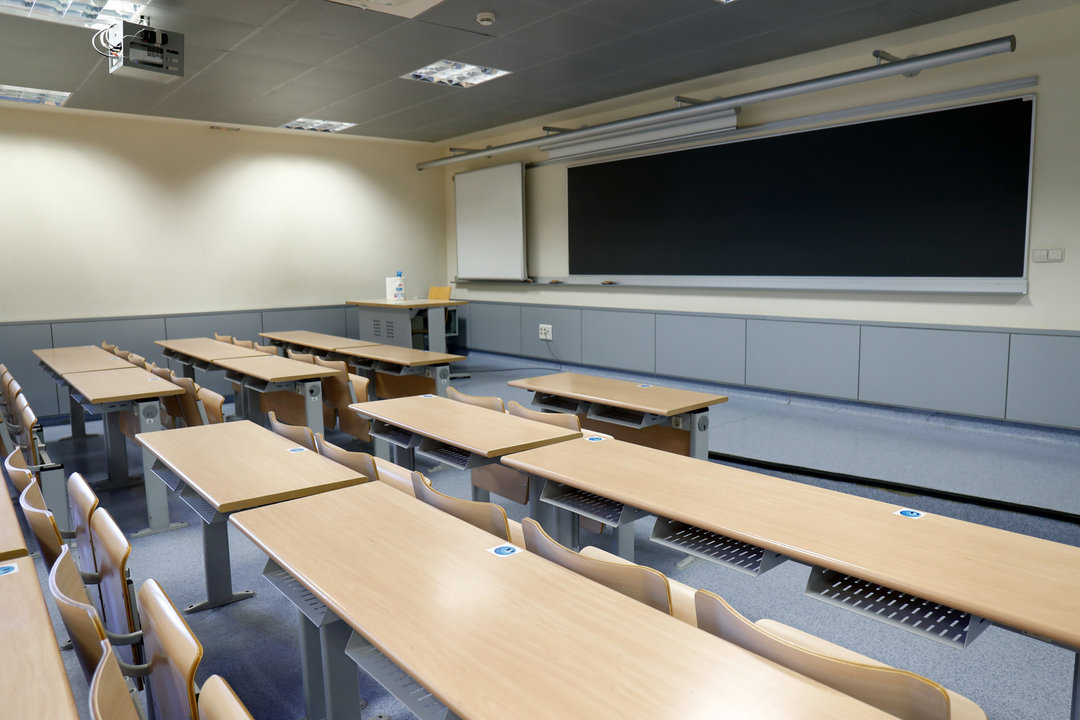 MADRID, SPAIN - SEPTEMBER 07: Illustration, an empty classroom at Faculty of Science building during the first opening day of the Autonomous University of Madrid for the start of the 2020/21 course on September 07, 2020 in Madrid, Spain.